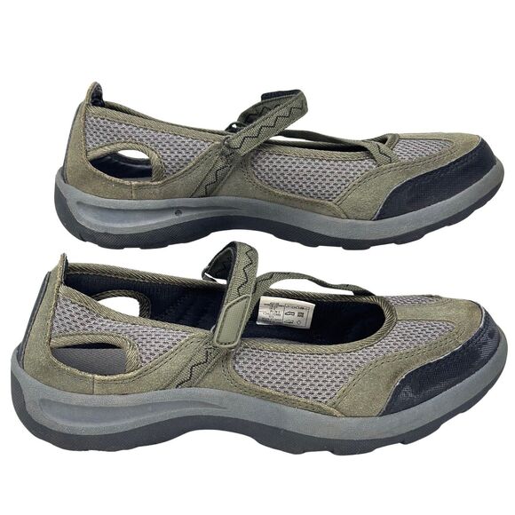 Lands' End Mary Jane Shoe Womens 8D Wide Green Gray Mesh Trekker Leather Hiking - Picture 3 of 12